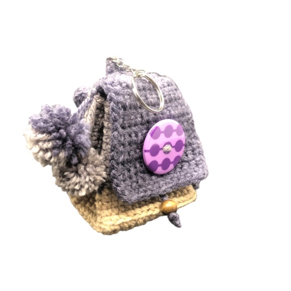 Whimsical Crochet Backpack Keychain – Grape Tan Colorblock, Pom Poms, & Beads - Picture 4 of 12